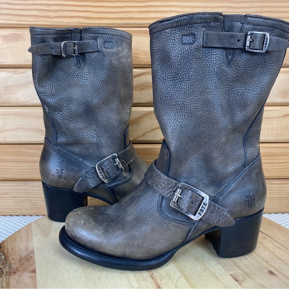 Frye Shoes - FRYE Womens 8 US Distressed Leather Block Heeled Mid-Calf Boots Western Biker